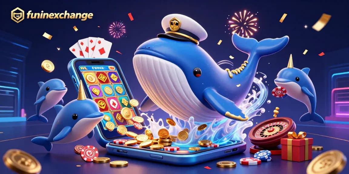 Win big with funinexchange: a whale, narwhal, and dolphins amid a vibrant casino scene.