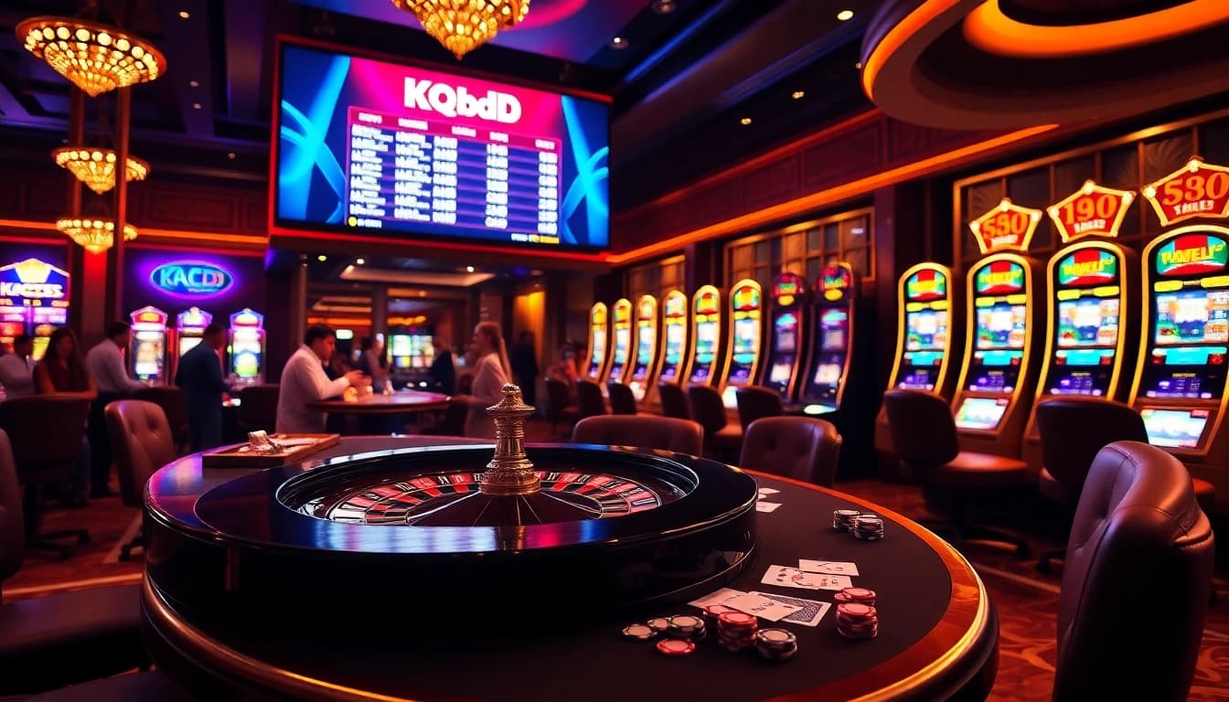 Experience the thrill of kqbd results amidst a glamorous casino atmosphere with vibrant tables and excited players.