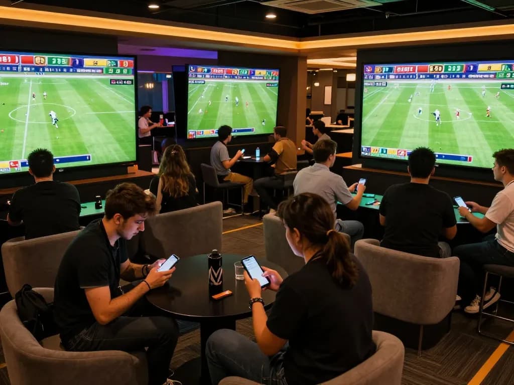 Xoilac users placing live sports bets while enjoying vibrant atmosphere on big screens