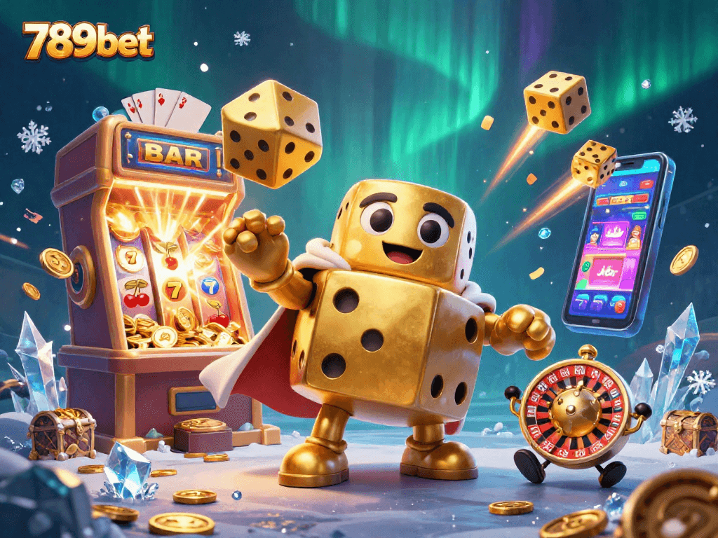 Experience thrilling gameplay with 789bet's vibrant illustration showcasing golden dice, slot machines, and dynamic casino elements.