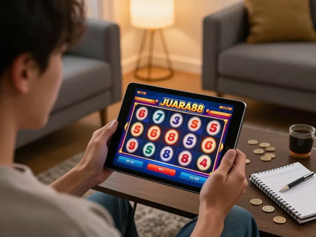 Engaged player demonstrating JUARA88 slot gameplay on a tablet, showcasing vibrant interface and cozy gaming setup.