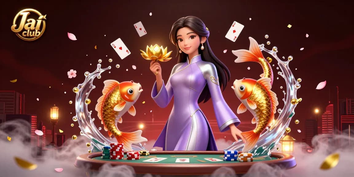 Engage with exhilarating poker action at Jai club, featuring a dynamic setup with vibrant characters and casino elements.