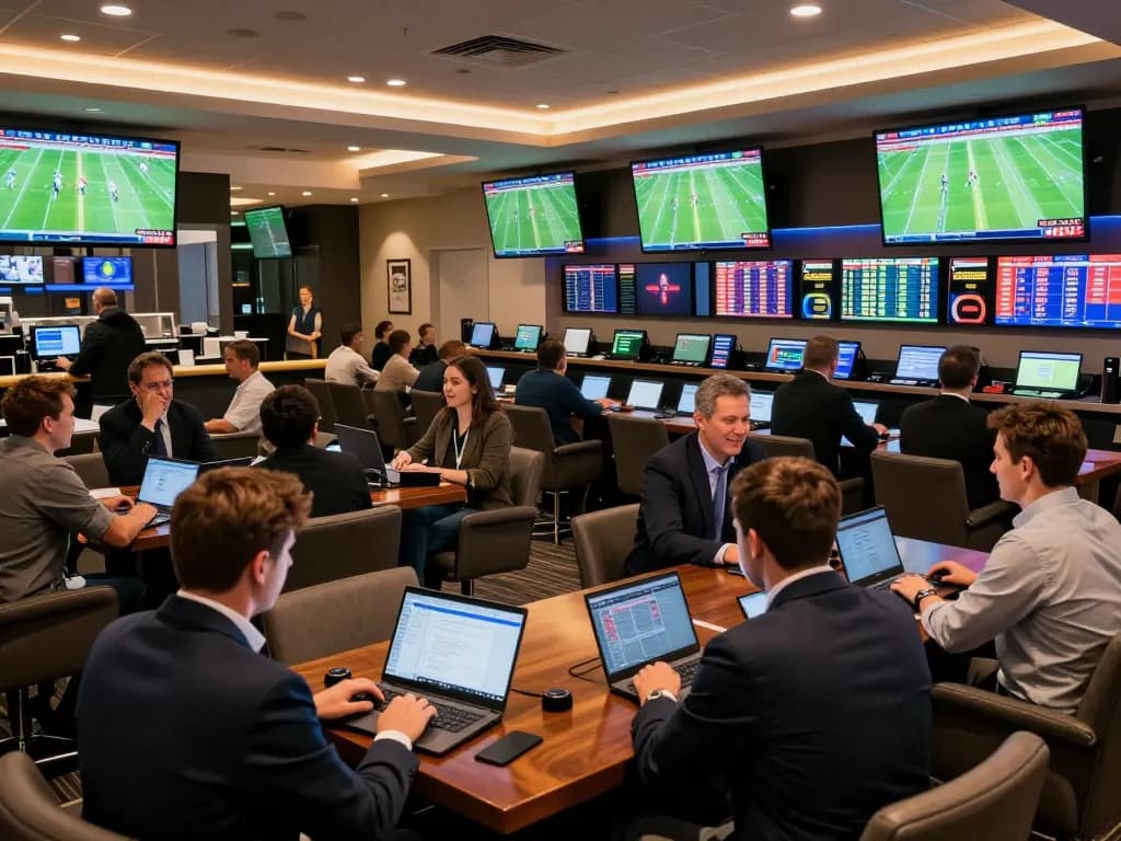 Bettors engaging with live Bongdalu scores and odds in a vibrant sports betting lounge