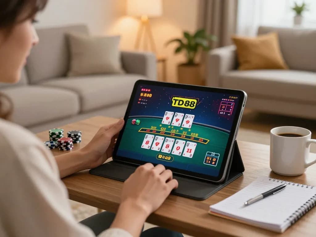 Engaged player enjoying online gaming on TD88 tablet while managing bets in a cozy home setup.
