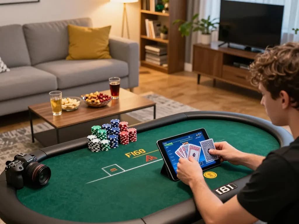 F168 poker player placing bets in a cozy home, showcasing strategic online gaming.