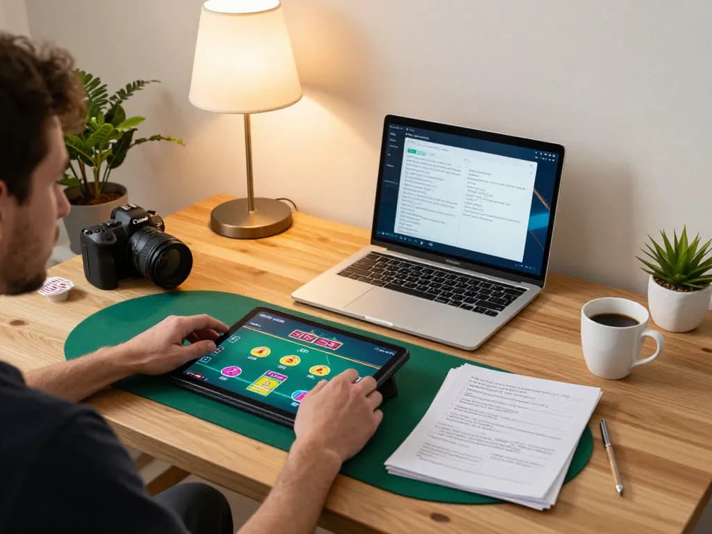 Engaging in online poker gameplay at https://go8.dad/ with cozy home setup and vibrant tablet graphics