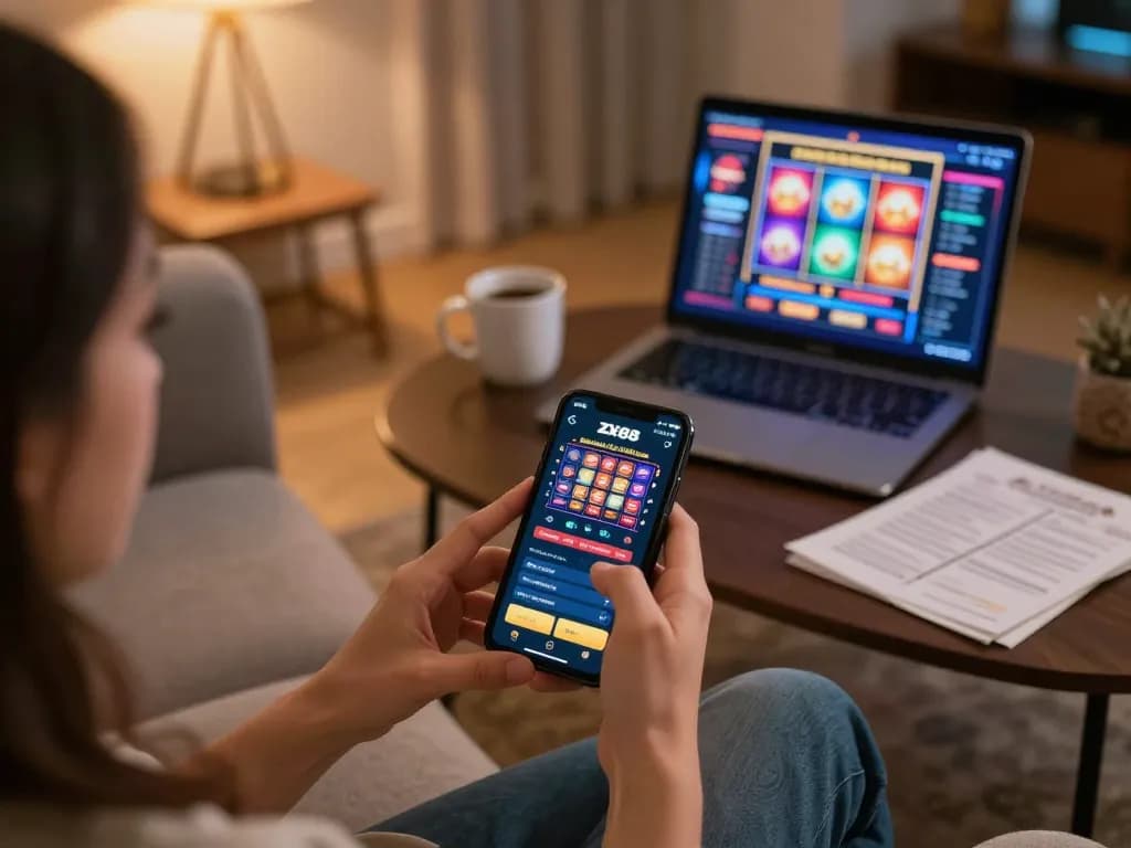 A player engaging with the ZX88 casino app on a smartphone in a comfortable home setting