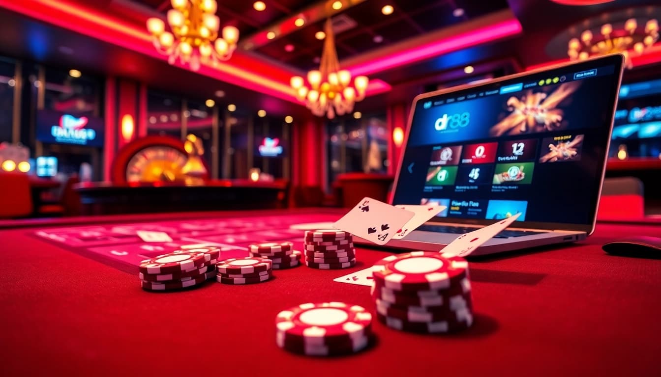 Experience the thrill of winning with DR88's exciting casino gaming atmosphere and vibrant visual elements.