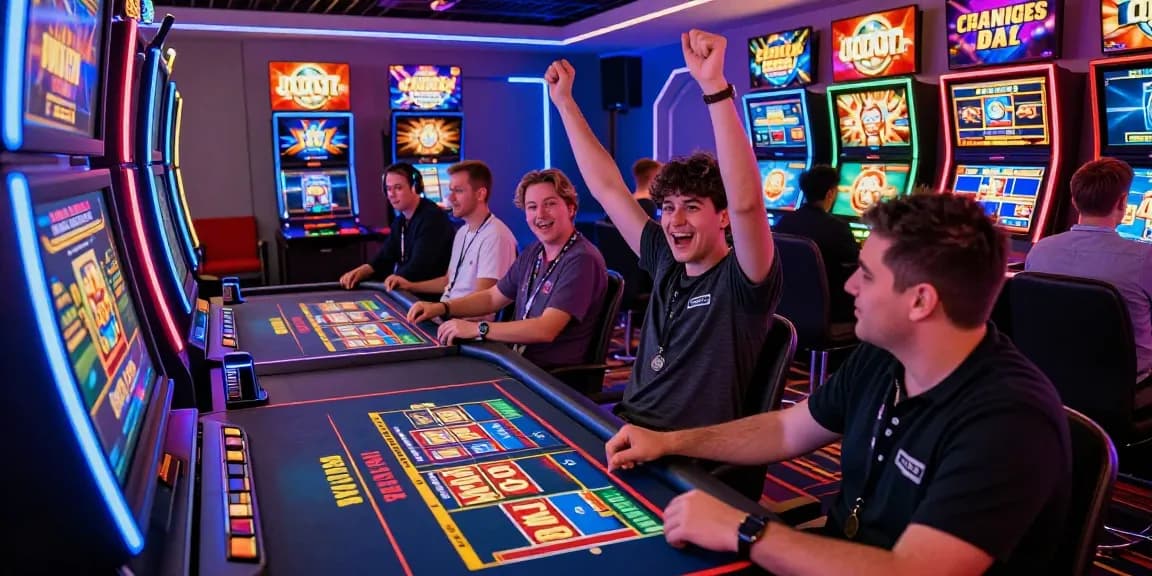 Excited players engaging with non UKGC casinos at a vibrant online gaming table, showcasing colorful slot machines and live dealer interactions.