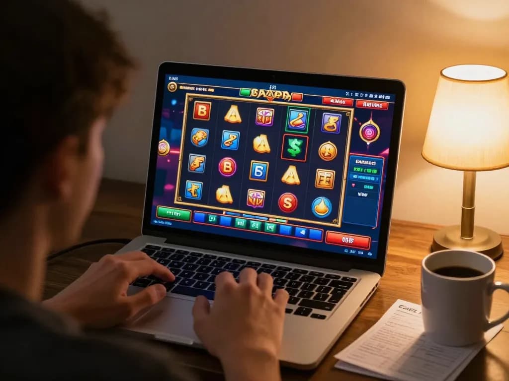 Engaging in online gaming on Wstar77's vibrant slot interface from a cozy home setting.