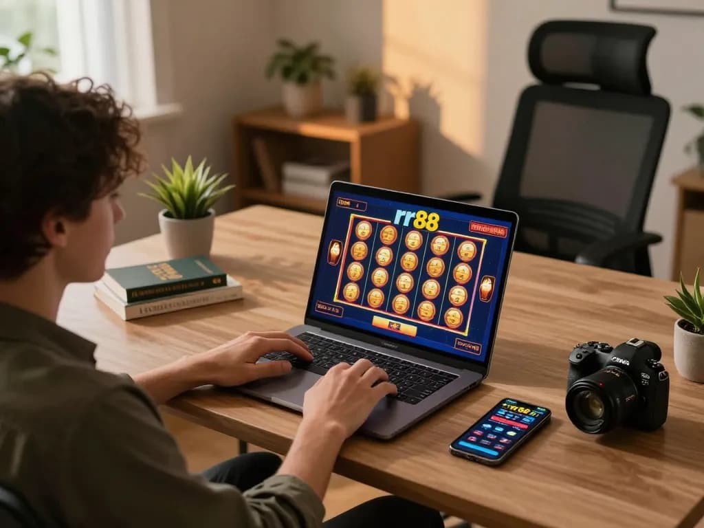 Engaging in online rr88 slot gaming experience with a laptop and smartphone in a cozy home setting.