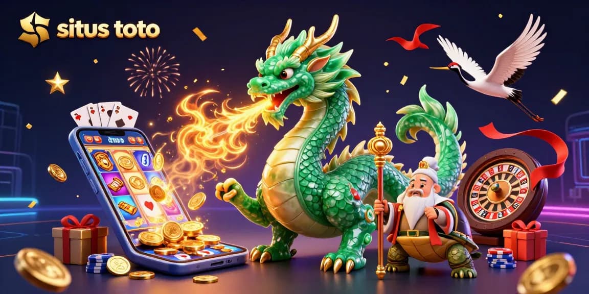 Engage with situs toto through an ultra-detailed 3D illustration of a jade dragon, turtle sage, and cranes in a vibrant casino setting.