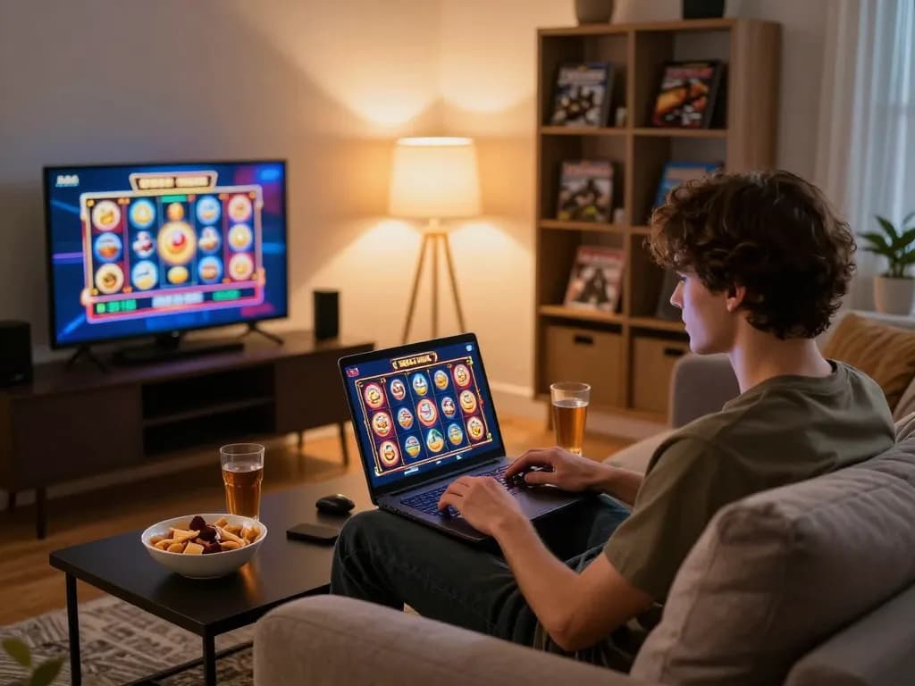 CK444 player engaging with online casino games at home, showcasing a vibrant and cozy gaming environment.