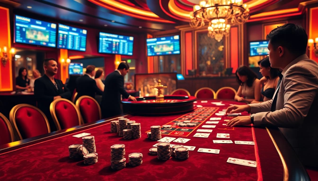 Engage in thrilling poker action at https://xx88.vin/ casino table, surrounded by vibrant colors and luxurious decor.