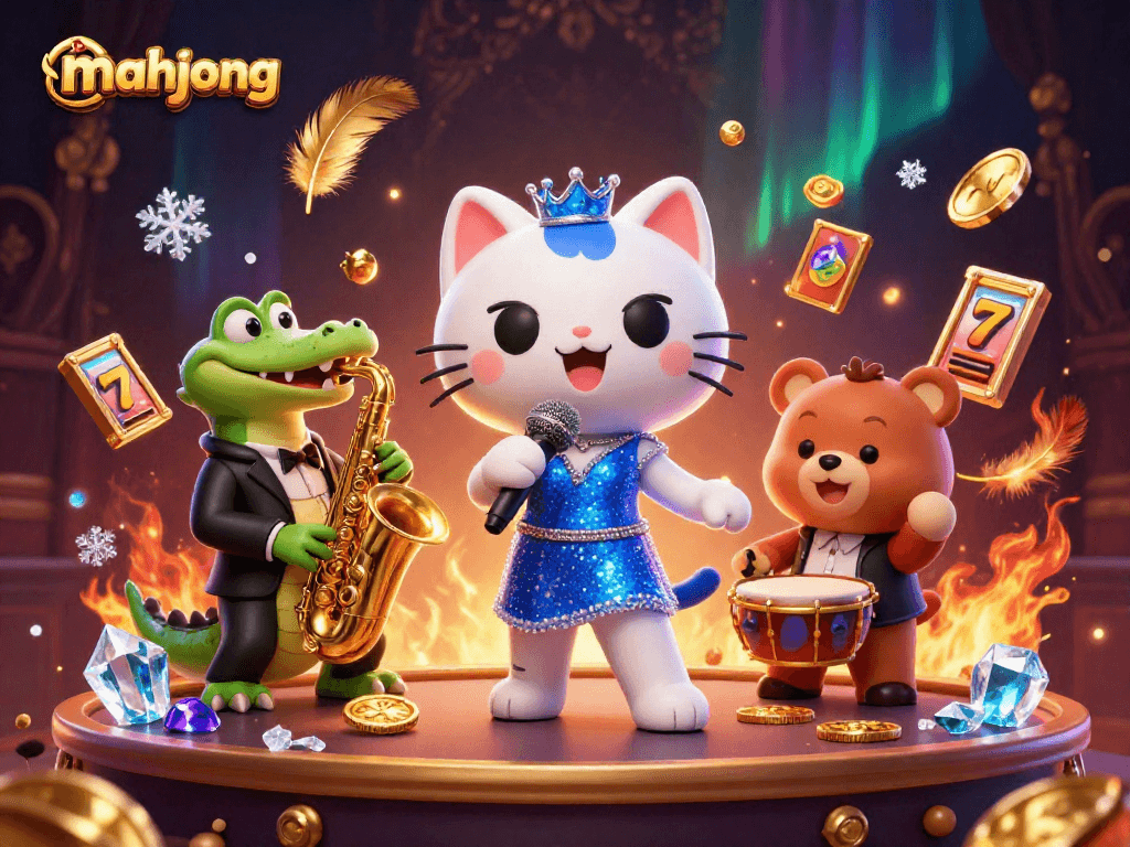 Play mahjong and win with excitement in a vibrant casino scene featuring animated characters.