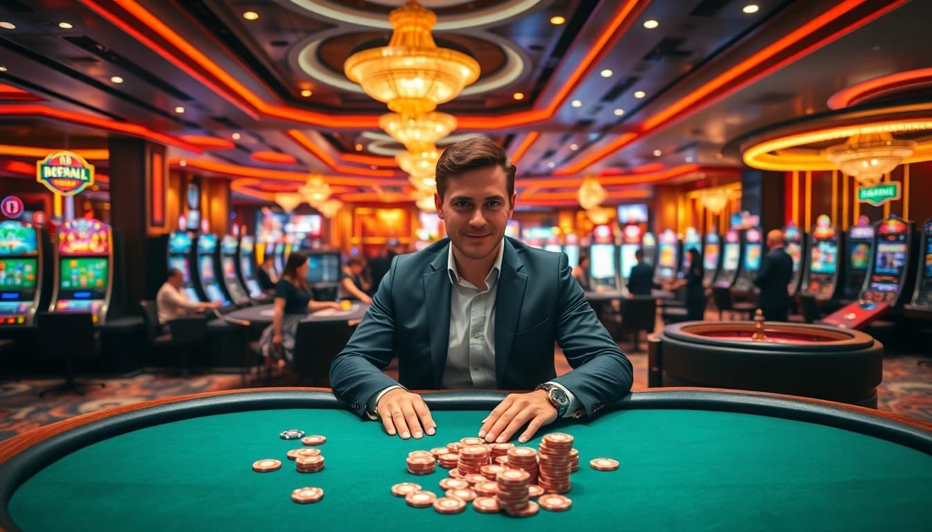 A gambler at nhà cái five88 strategically placing bets at a vibrant poker table in a luxurious casino setting.