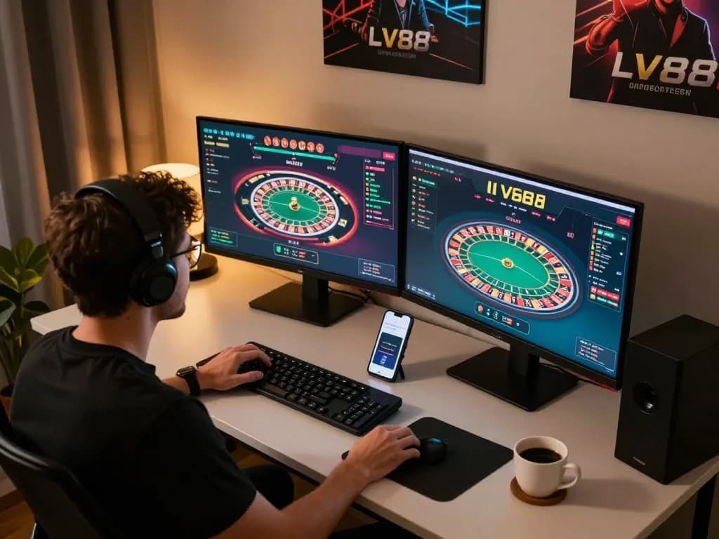 Player immersing in LV88 online gaming, focused on live casino action with laptop and smartphone.