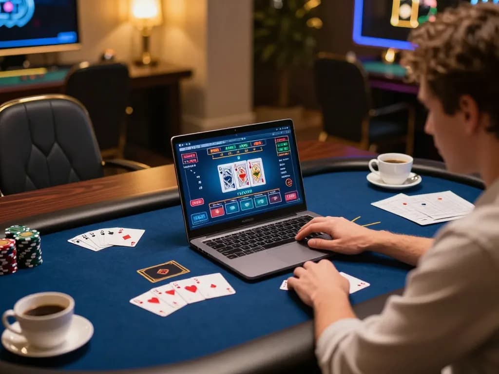 Engaging in online casino gameplay with sc88 cards and betting options displayed on screen in a cozy home setup