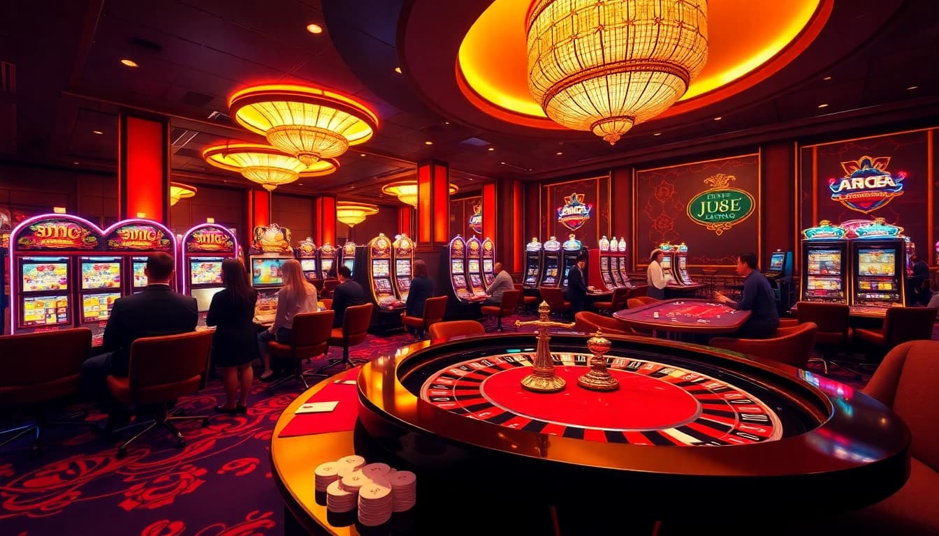 Experience the thrilling atmosphere of J88 with players enjoying roulette and slot machines.