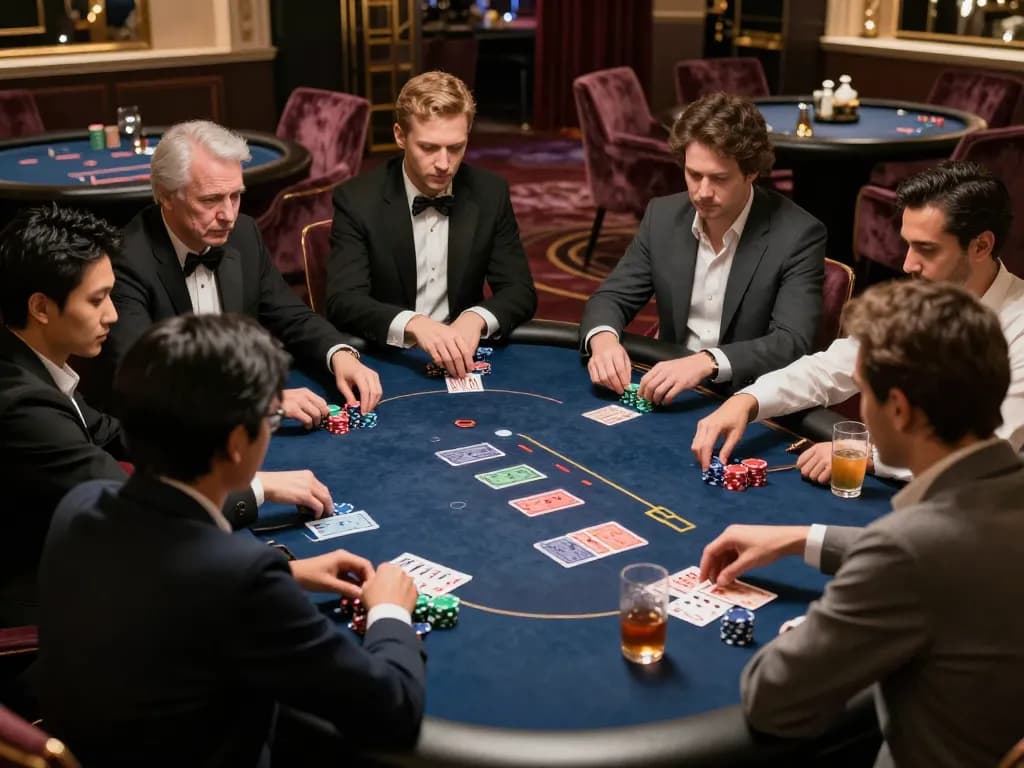 Players strategizing and betting big in an upscale poker room at 56win casino.