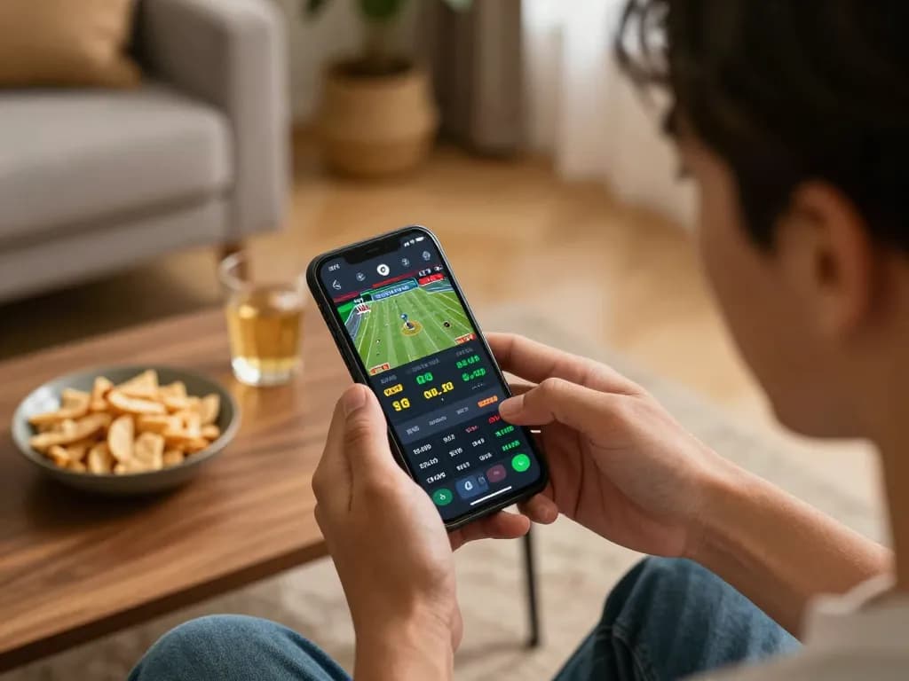 Person engaged in thrilling online sports betting on sc88e app in a cozy setting.