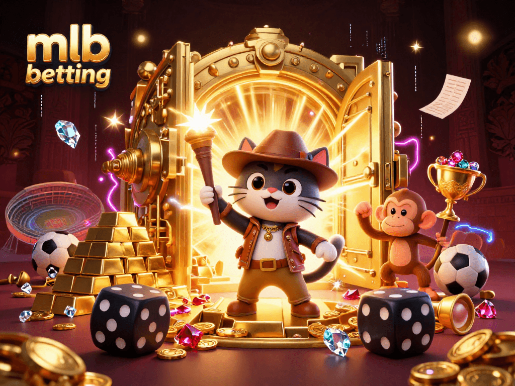 Experience mlb betting with this vibrant 3D illustration featuring a whimsical cat and monkey amidst treasures.