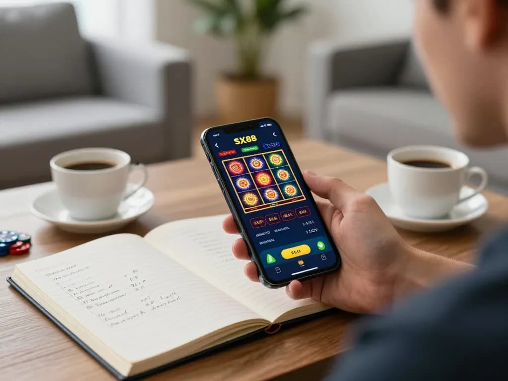 SX88 mobile app in action as player enjoys online gaming from a cozy home setup, highlighting responsible gambling.