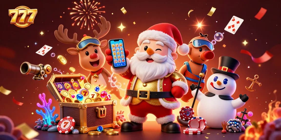 Experience the excitement of 777 jackpots with Santa and friends celebrating in a vibrant casino scene.
