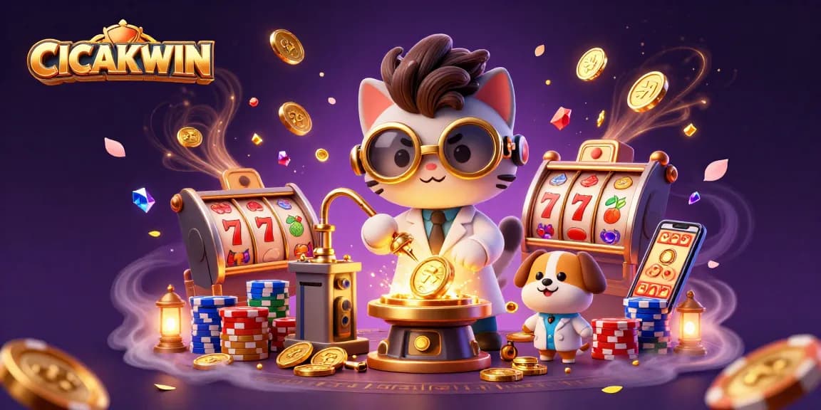 CICAKWIN showcases a lively animated casino lab with vibrant slot reels, golden coins, and sparkling gems.