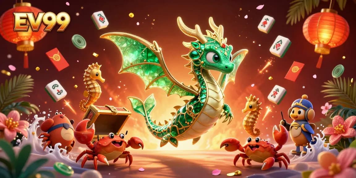 Experience winning moments with EV99 in a vibrant online casino scene filled with game symbols and rich colors.
