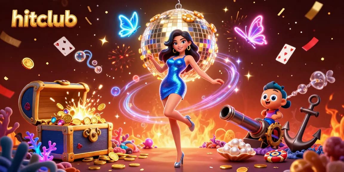 Hitclub players enjoying thrilling slots magic with neon butterflies and treasure in vibrant 3D action.