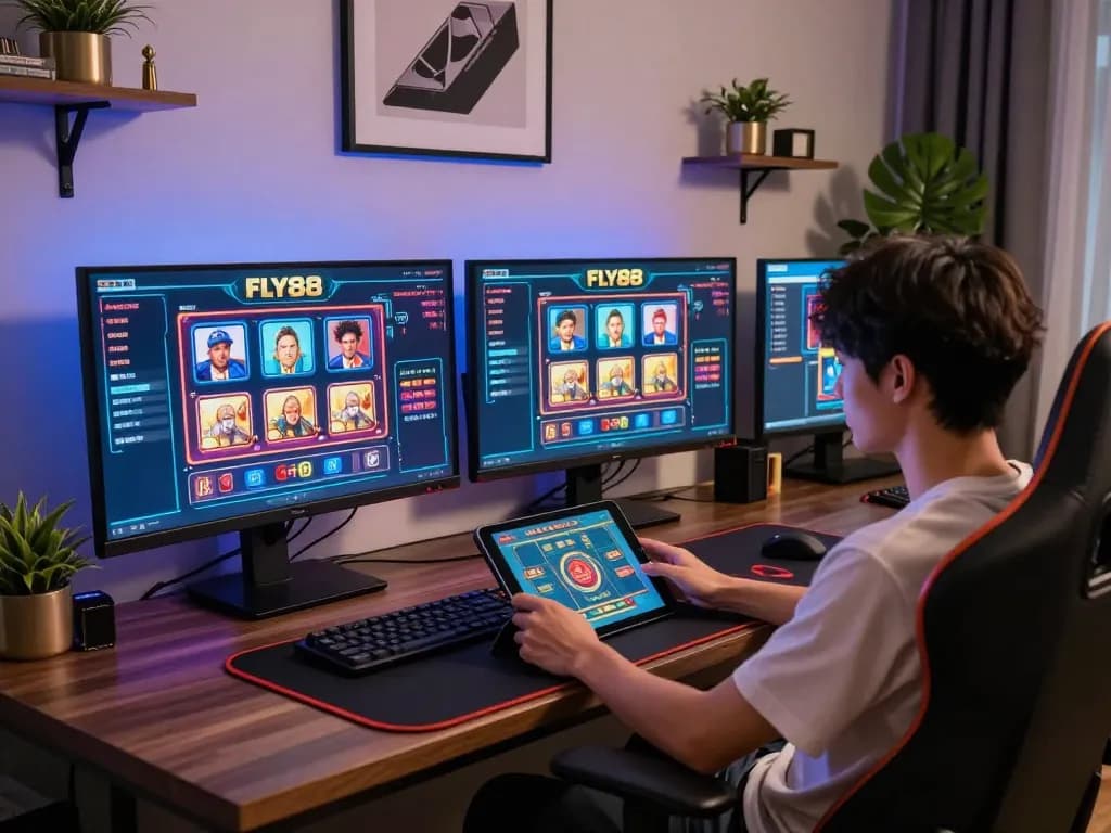 Player strategizing on fly88 casino app in a modern gaming setup with multiple screens.