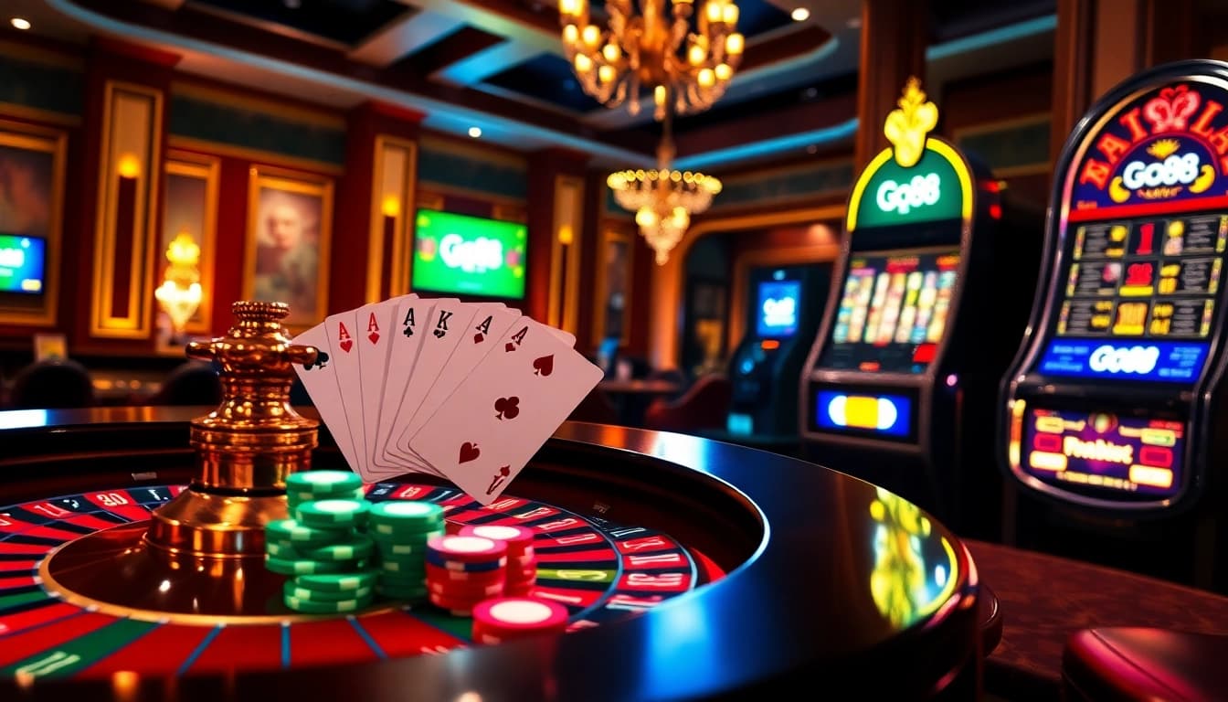 Engaging players with go88 at a luxurious casino table, featuring poker cards and colorful chips.