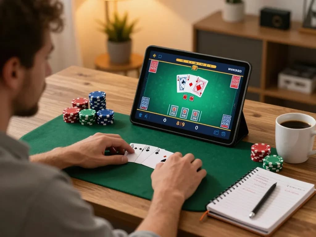 Player engaged in online poker during a dohistory session, laptop showing cards and betting interface