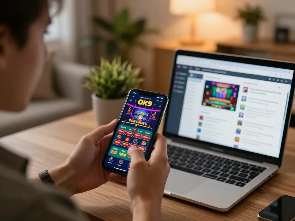 Player experiencing OK9 mobile casino gaming on their smartphone, highlighting excitement and responsible gambling.