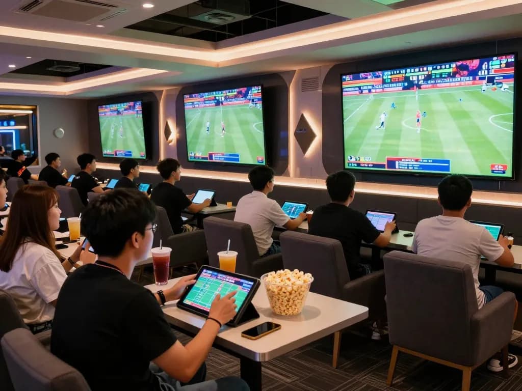 Fans engaging in sports betting at NET88 lounge, excitedly placing live bets during the game.