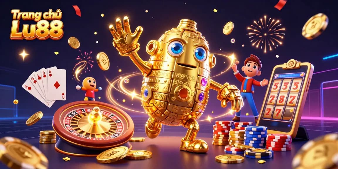 Win big with Trang chủ Lu88's vibrant illustration of a golden golem and casino elements.