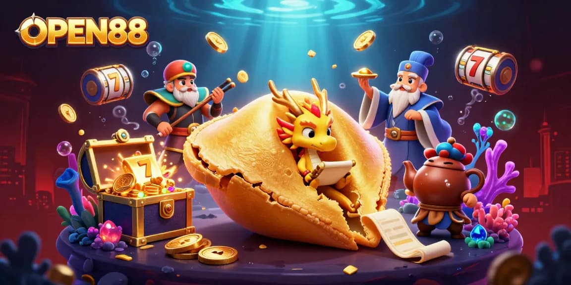 Experience engaging gaming action at OPEN88 with a vibrant illustration of fantasy characters amidst casino elements.