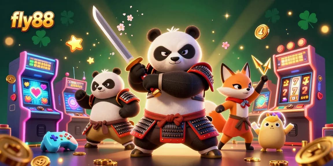 Experience thrilling gameplay at fly88 with a vibrant scene of samurai panda and ninja fox amidst dynamic casino elements.