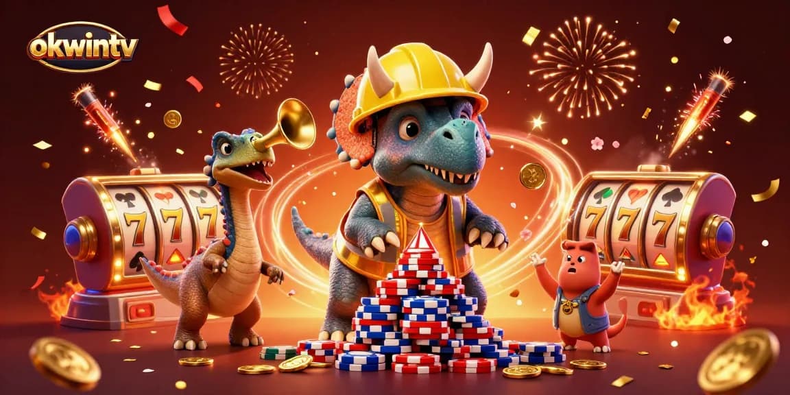 Experience thrilling poker play with okwintv's vibrant animated characters celebrating at a casino.