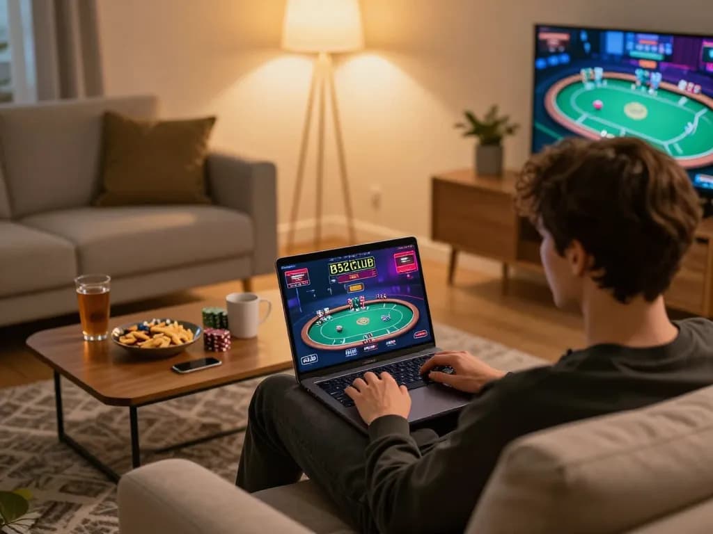 B52club player excitedly engaging in an online poker game from the comfort of home