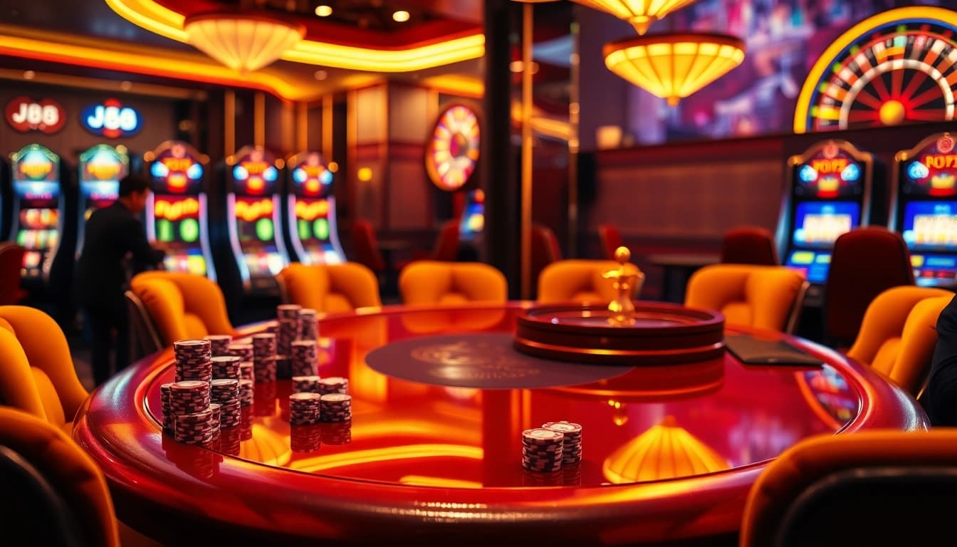 Engaging gamblers at the J88 poker table in a luxurious casino atmosphere with vibrant colors.