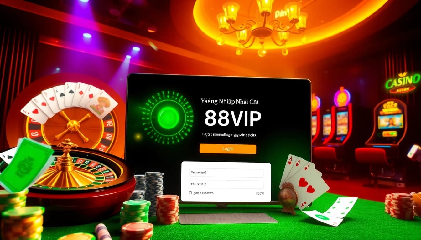 Experience login excitement at Đăng Nhập Nhà Cái 68VIP with vibrant casino elements like roulette and poker chips.