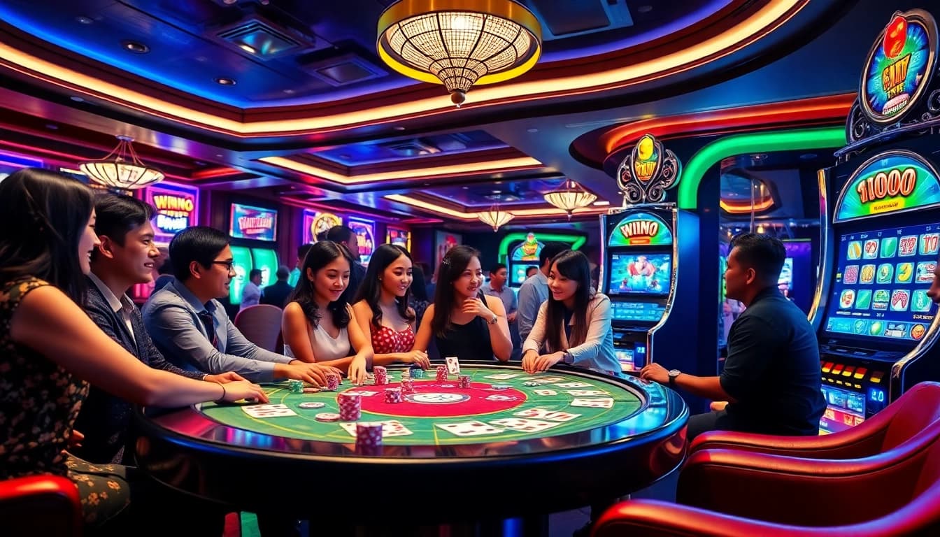 Suasana cerah di kasino yang menampilkan pemain yang terlibat di meja agen slot, menonjolkan kegembiraan dan kemewahan.