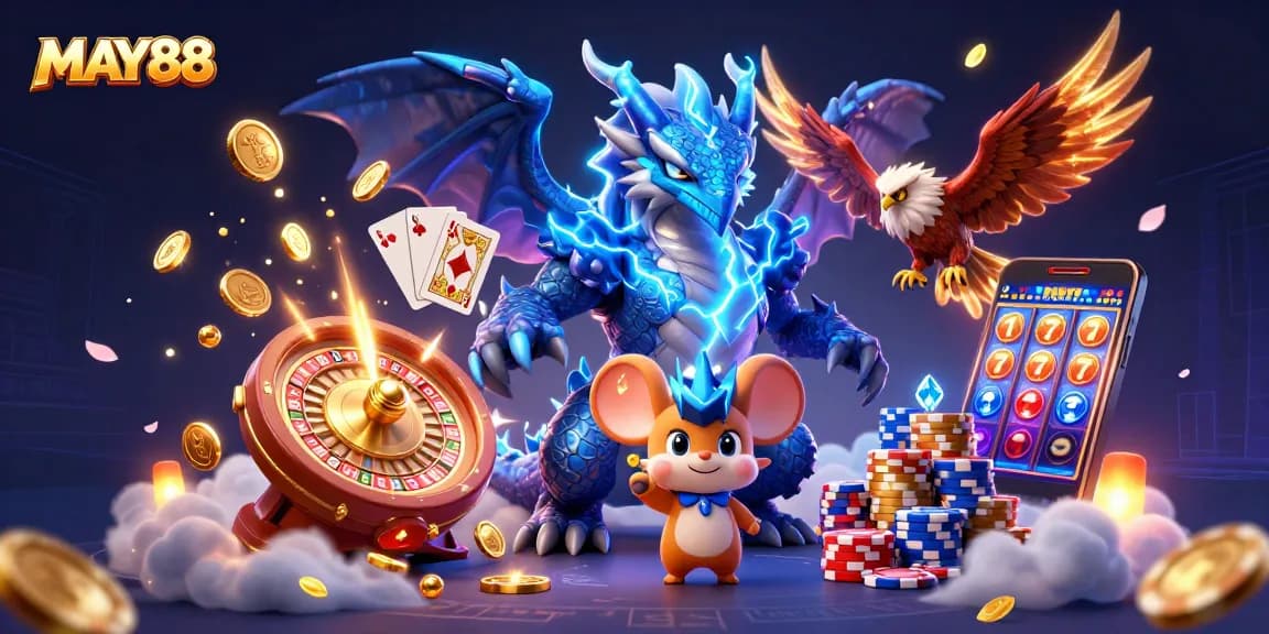 MAY88 showcases thrilling gaming experiences with a thunder dragon, stunning wins and vibrant casino elements flying around.