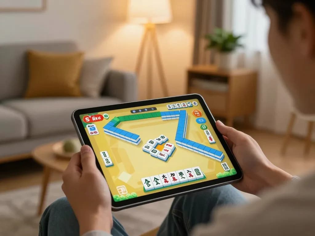 Engaging gameplay of slot mahjong on tablet in a cozy home setting