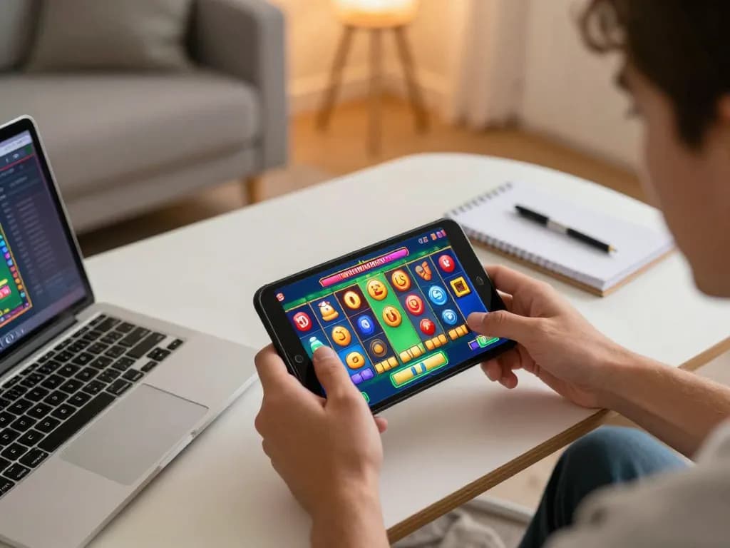 Player enjoying slot games on the 8K8 app with vibrant interface in a cozy home setting