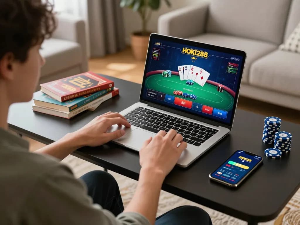 Pengalaman permainan online yang menarik di HOKI288 menampilkan aksi poker di layar laptop.