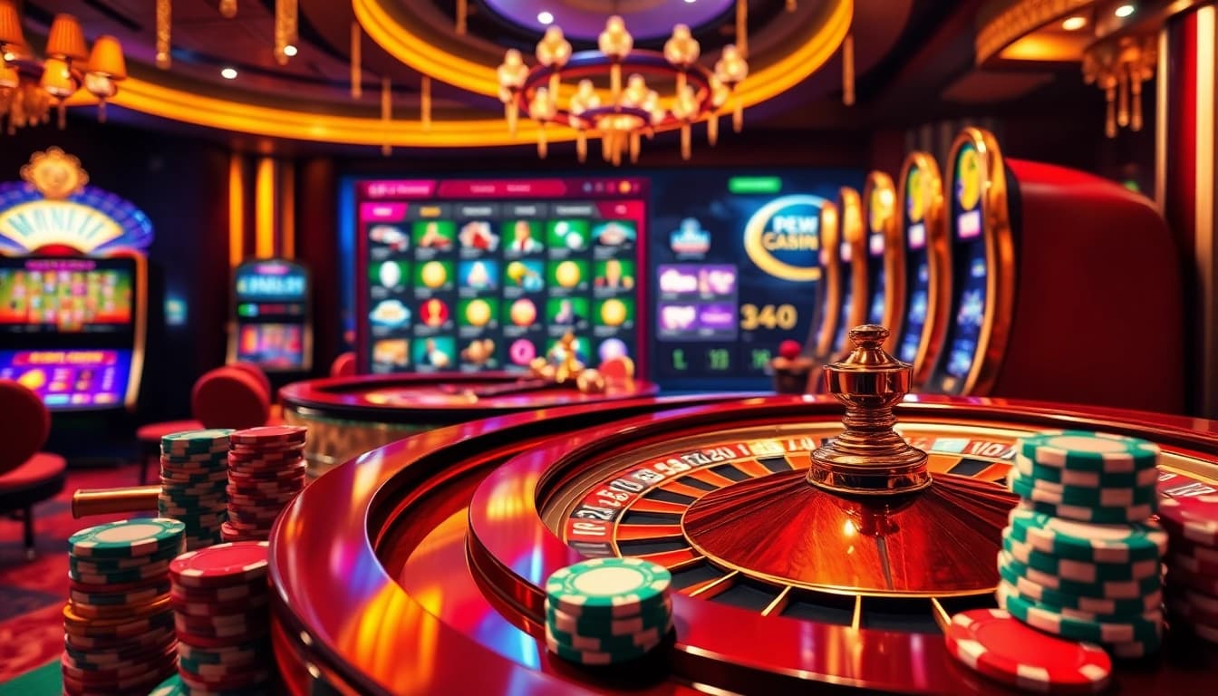 Engage with amanahtoto in a vibrant casino scene featuring roulette and slot machines.