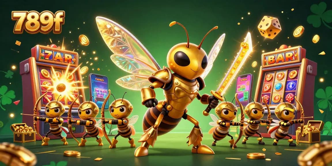 Engage in gaming excitement with 789f showcasing vibrant slot machines, celebratory coins, and lively characters.